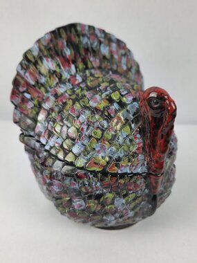 Vintage 1975 Ceramic Turkey Candy Dish Hand Painted Confetti Glaze Signed